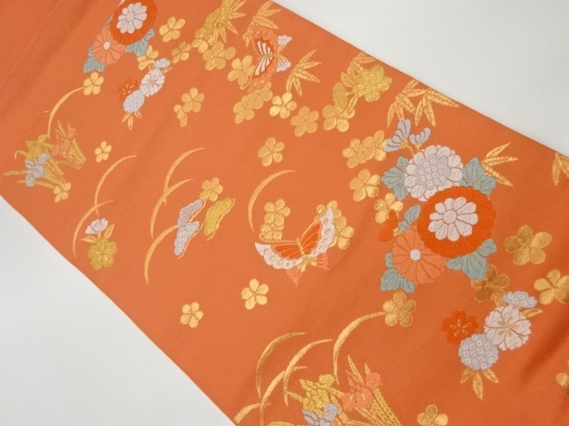 リサイクル　蝶に花・松竹梅模様織出し開き名古屋帯（松葉仕立て）